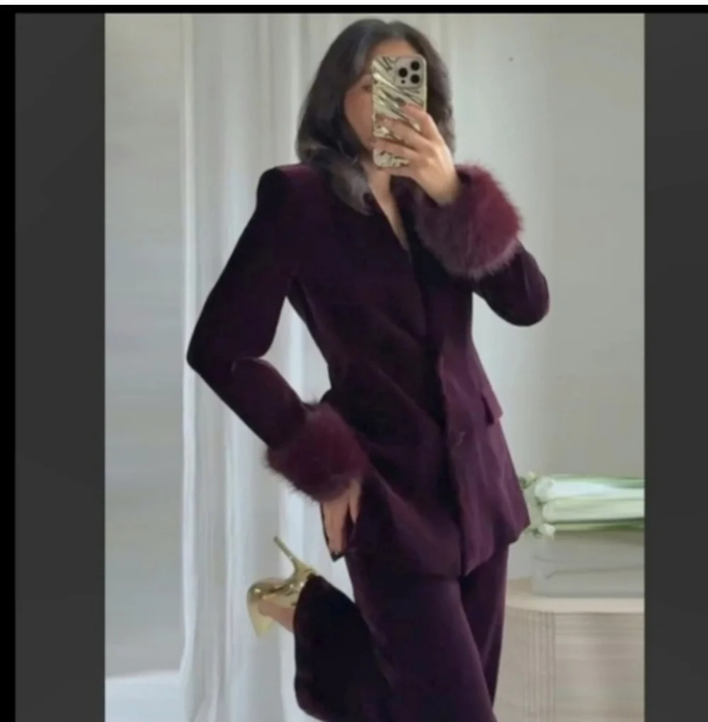 Zara Set 2 Pc Velvet Blazer With Faux Fur Cuffs and Wide Pants Size M